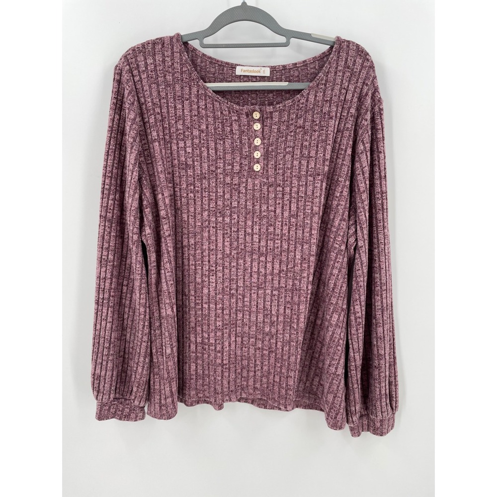 Fantaslook Womens Purple Ribbed Henley Long Sleeve Balloon Cuff Top 2XL
